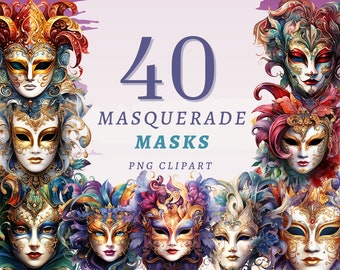 40 Masquerade Masks Clipart, High Quality Transparent PNGs, Instant Download, Commercial Use - Venetian mask printables, Vintage Festivity