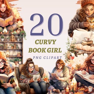 Peut inclure: Clipart numérique présentant des illustrations de femmes lisant des livres dans des environnements confortables. L'image comprend le texte "20 CURVY BOOK GIRL PNG CLIPART". Les illustrations montrent des femmes avec des livres, des plantes et un éclairage chaleureux.