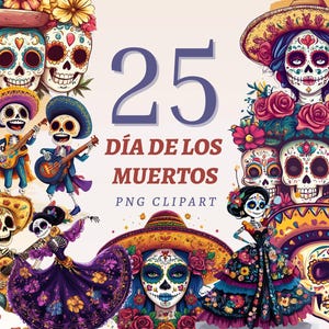 25 Daria de Los Muertos Clipart Bunten mexikanischen Catrinas Print Zucker Schädel Illustration Mariachi Skelette Printable Set Calavera PNG Bild