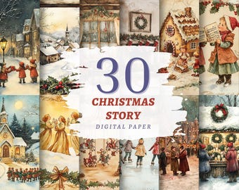 Può includere: Un collage di illustrazioni ad acquerello a tema natalizio. Le immagini raffigurano scene invernali con bambini, case e decorazioni festive. Il testo recita "30 Christmas Story Digital Paper."