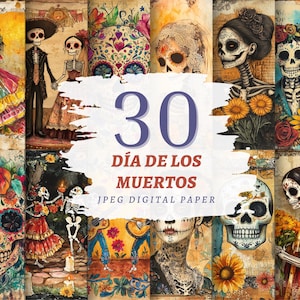 Dia de Los Muertos Digital Paper Print Sugar Skulls JPEG Decoration Calavera Journal Printable Mexican Halloween Scrapbook Floral Artwork