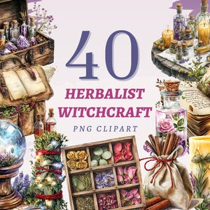 40 Herbalist Witchcraft Clipart, PNGs transparentes de alta qualidade, download instantâneo, uso comercial - Impressões de ervas místicas, arte de plantas alquimistas