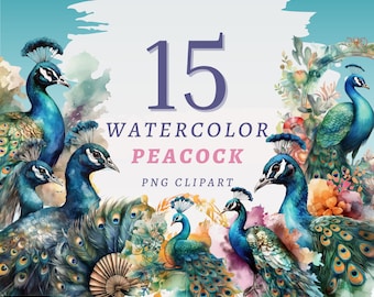 15 aquarel pauwen clipart, hoge kwaliteit transparante png-bestanden, instant download, commercieel gebruik - Blue Bird, Bird png bundel, afdrukbare kunst