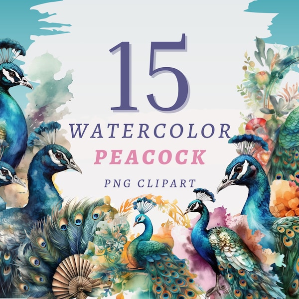 15 Watercolor Peacocks Clipart, High Quality Transparent PNGs, Instant Download, Commercial Use - Blue Bird, Bird png Bundle, Printable art