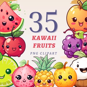 35 Kawaii Früchte Clipart, hochwertige transparente PNGs, sofortiger Download, kommerzielle Nutzung - Cartoon Kirsche Printables, süße Food Kunstwerke