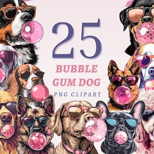 May include: A set of 25 digital clipart images featuring dogs with bubble gum. The dogs are of various breeds and are wearing sunglasses. The images are in a cartoon style and are perfect for use in digital projects.