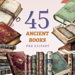 May include: A collection of 45 ancient books in various colors and styles. The image features books with ornate covers, some open to display detailed illustrations. The text "45 ANCIENT BOOKS PNG CLIPART" is also visible.