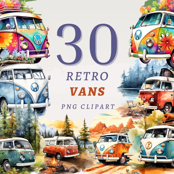 30 Retro Vans Clipart, High Quality Transparent PNGs, Instant Download, Commercial Use - 70s Wagon, Vintage van png bundle, Roadtrip prints
