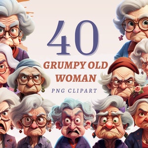 40 chagrijnige oude vrouw clipart, hoge kwaliteit transparante PNG's, Instant Download, commercieel gebruik-Boze oudere oma illustratie printables