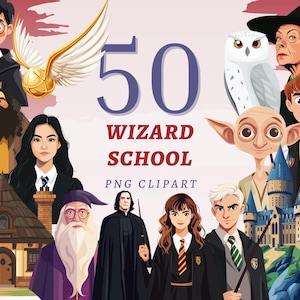 Könnte beinhalten: Ein Set mit 50 Cartoon-Illustrationen mit Charakteren und Objekten aus einer Zauberschule. Die Illustrationen beinhalten einen Zauberer, eine Hexe, einen Hauself, einen goldenen Schnatz, eine Schnee-Eule, ein Schloss und einen Schüler in einer Hogwarts-Uniform. Der Text "50 Wizard School PNG Clipart" wird in der Mitte des Bildes angezeigt.