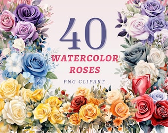 40 Watercolor Roses Clipart, High Quality Transparent PNGs, Instant Download, Commercial Use - Colorful Rose Florals, Floral Elements prints