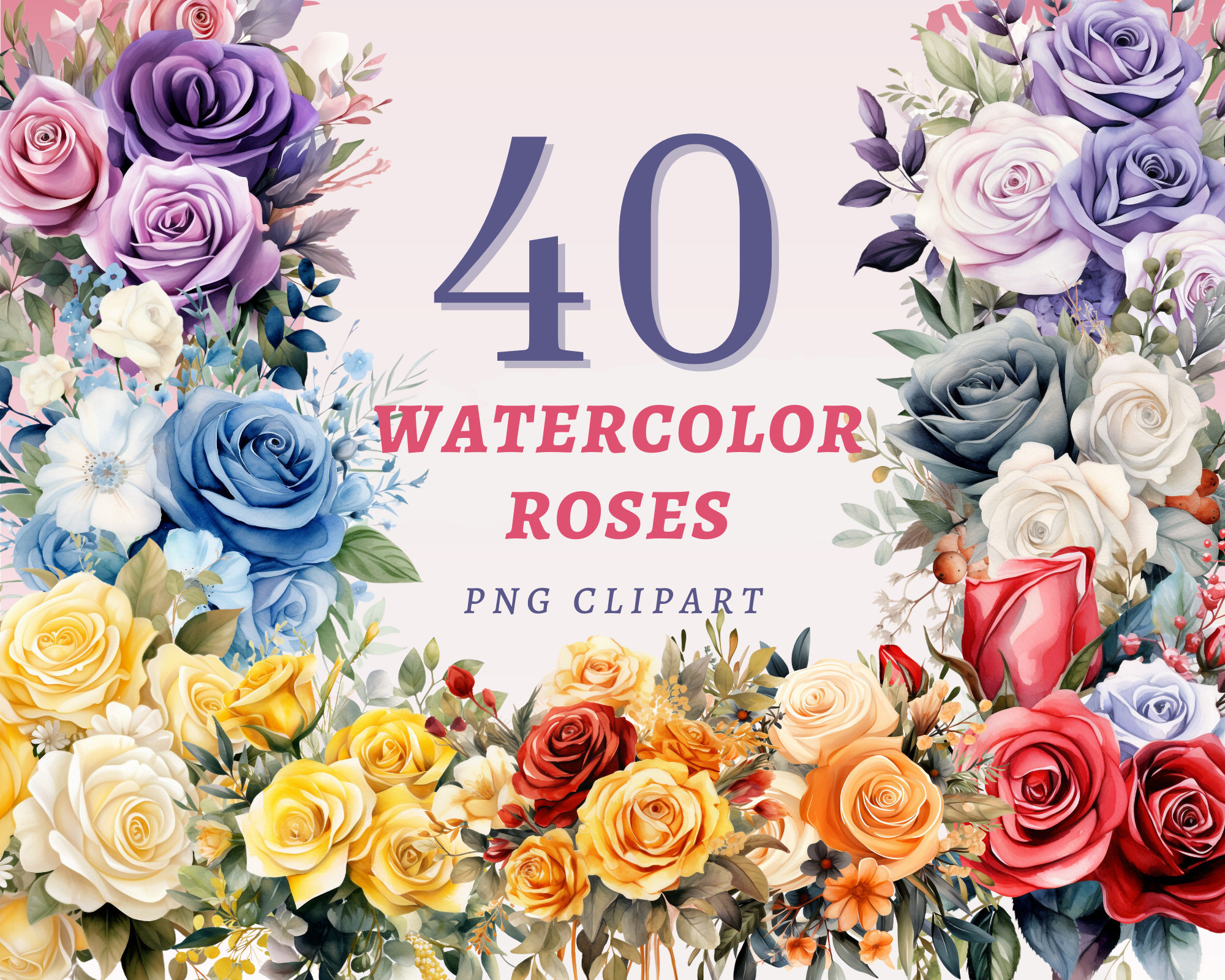 40 Watercolor Roses Clipart, High Quality Transparent PNGs, Instant Download, Commercial Use - Colorful Rose Florals, Floral Elements prints