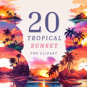 20 Tropical Sunset Clipart, High Quality Transparent PNGs, Instant Download, Commercial Use - Palm Tree png, Tropical Paradise, Beach Sunset