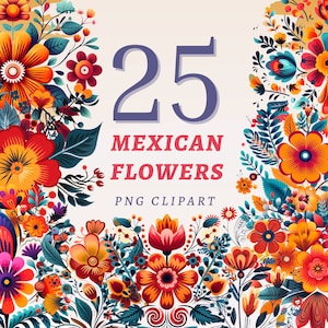25 mexikanische Blumen Clipart, hochwertige transparente PNGs, sofortiger Download, kommerzielle Nutzung - Blumendekoration, Otomi-Blumen Illustrationen