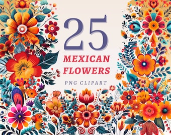 25 Mexican Flowers Clipart, High Quality Transparent PNGs, Instant Download, Commercial Use - Floral Decoration, Otomi Florals Illustrations