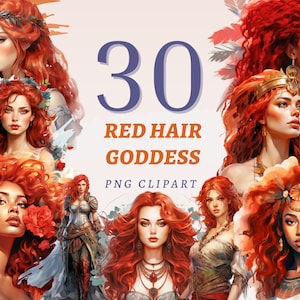 30 clipart della dea dei capelli rossi, PNG trasparenti di alta qualità, download istantaneo, uso commerciale - Fantasy Queen stampabile, opere d'arte del Dio del fuoco