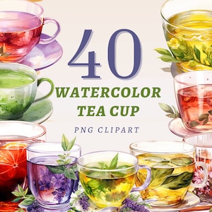 40 clipart de xícaras de chá em aquarela, PNGs transparentes de alta qualidade, download instantâneo, uso comercial - artes de bebidas quentes, gráficos de chá de ervas
