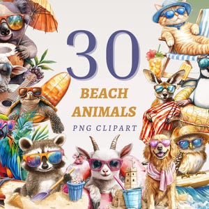 May include: A set of 30 beach animal illustrations, featuring a koala, a cat, a penguin, a turtle, a kangaroo, a raccoon, a goat, a dog, and owls. The animals are all wearing sunglasses and enjoying the beach. The illustrations are in a watercolor style and are perfect for use in digital scrapbooking, card making, and other creative projects.