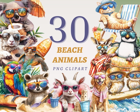 30 Beach Animal Clipart Tropical Summer Animal Printable Sunny Birthday Party Invites Decor Adorable Animals with Sunglasses Artwork Bundle