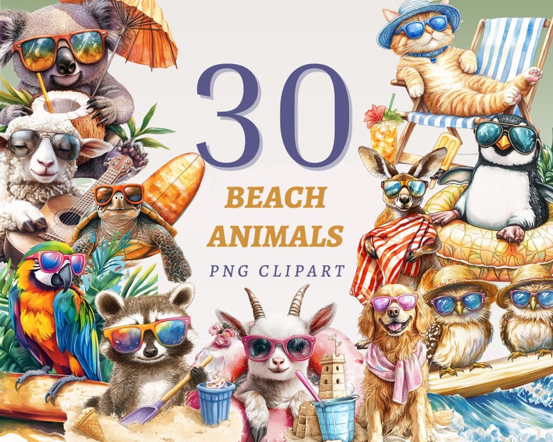 May include: A set of 30 beach animal illustrations, featuring a koala, a cat, a penguin, a turtle, a kangaroo, a raccoon, a goat, a dog, and owls. The animals are all wearing sunglasses and enjoying the beach. The illustrations are in a watercolor style and are perfect for use in digital scrapbooking, card making, and other creative projects.