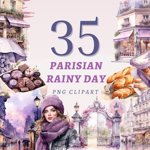 35 imágenes prediseñadas del día lluvioso parisino, PNG transparentes de alta calidad, descarga instantánea, uso comercial - imprimibles del paisaje urbano francés, chica en París