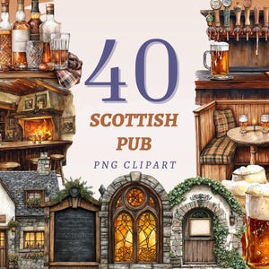 以下が含まれることがあります： スコットランドのパブの要素をフィーチャーした40枚のデジタルクリップアート画像のセット。画像には、パブの看板、暖炉、バー、テーブル、椅子、ビアマグ、ウイスキーのボトルなど、さまざまなアイテムが含まれています。画像は水彩画のスタイルで、デジタルデザイン、スクラップブッキング、その他のクラフトプロジェクトの作成に最適です。
