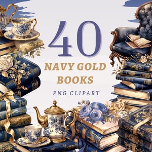 40 marine gouden boeken clipart, hoge kwaliteit transparante png's, instant download, commercieel gebruik - Victoriaanse blauwe boekenbundel, afdrukbare antiek
