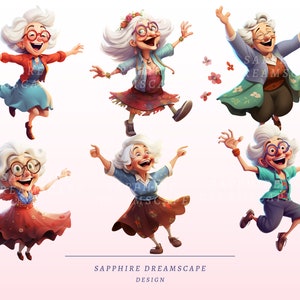 May include: Six cartoon illustrations of a dancing elderly woman with white hair and glasses. She is wearing different outfits in bright colours, including red, blue, and green. The text "SAPPHIRE DREAMSCAPE DESIGN" is at the bottom of the image.