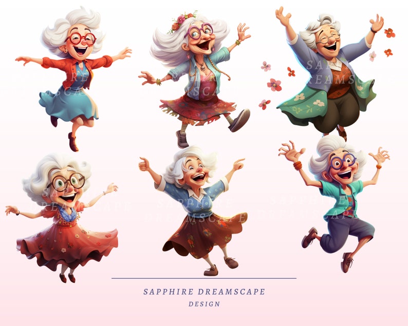 May include: Six cartoon illustrations of a dancing elderly woman with white hair and glasses. She is wearing different outfits in bright colours, including red, blue, and green. The text "SAPPHIRE DREAMSCAPE DESIGN" is at the bottom of the image.