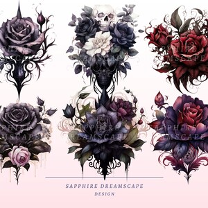 May include: A collection of six gothic-style floral designs featuring roses, skulls, and ornate embellishments. The color palette includes shades of purple, red, black, and white. The text "SAPPHIRE DREAMSCAPE DESIGN" is visible at the bottom.