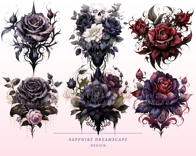 May include: A collection of six gothic-style floral designs featuring roses, skulls, and ornate embellishments. The color palette includes shades of purple, red, black, and white. The text "SAPPHIRE DREAMSCAPE DESIGN" is visible at the bottom.
