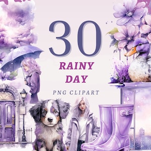 30 clipart de dia chuvoso, PNGs transparentes de alta qualidade, download instantâneo, uso comercial - gráficos de tempestade roxa, pacote de designs de chuva
