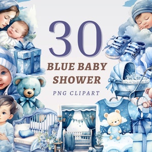 30 Blue Baby Shower Clipart, PNG trasparenti di alta qualità, Download istantaneo, Uso commerciale - Rivelazione di genere, Grafica ad acquerello per neonato