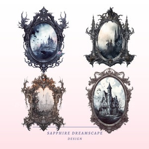 Puede incluir: Cuatro marcos ornamentados de color plateado con detalles intrincados, cada uno contiene una ilustraci&oacute;n en blanco y negro de un castillo o casa g&oacute;tica. Los marcos est&aacute;n colocados sobre un fondo rosa con el texto "SAPPHIRE DREAMSCAPE DESIGN".