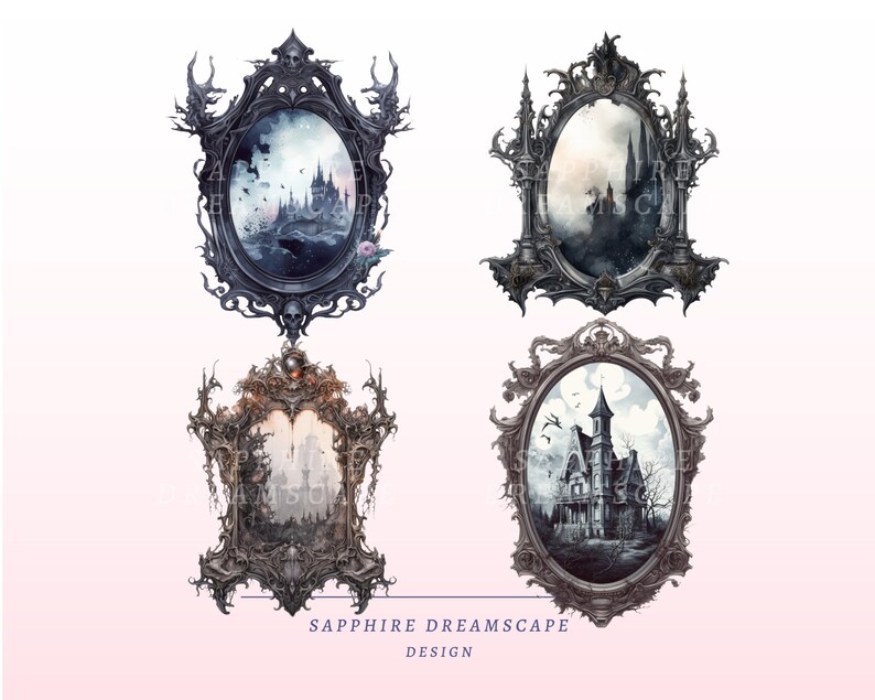 Puede incluir: Cuatro marcos ornamentados de color plateado con detalles intrincados, cada uno contiene una ilustraci&oacute;n en blanco y negro de un castillo o casa g&oacute;tica. Los marcos est&aacute;n colocados sobre un fondo rosa con el texto "SAPPHIRE DREAMSCAPE DESIGN".