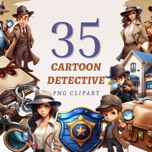 35 cartoon detective clipart, hoge kwaliteit transparante png's, instant download, commercieel gebruik - ontwerpen geheim agent, prints mysterie oplosser