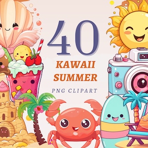 40 kawaii zomer clipart, hoge kwaliteit transparante png's, instant download, commercieel gebruik - strandvakantie illustraties, leuke reistrekking