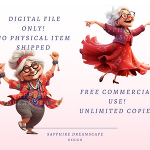 May include: Two illustrations of a cheerful elderly woman with white hair and glasses. One is wearing a red floral top and grey trousers, the other a red dress. Text reads "DIGITAL FILE ONLY! NO PHYSICAL ITEM SHIPPED" and "FREE COMMERCIAL USE! UNLIMITED COPIES".
