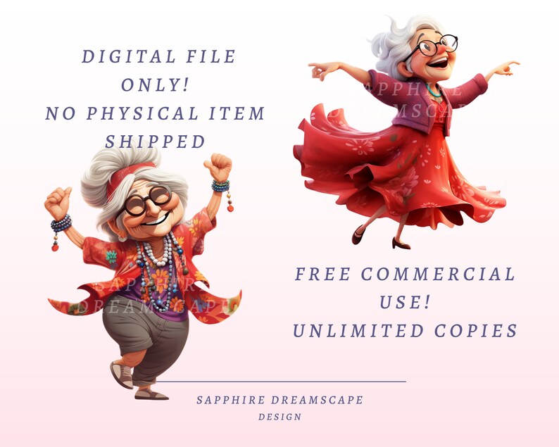 May include: Two illustrations of a cheerful elderly woman with white hair and glasses. One is wearing a red floral top and grey trousers, the other a red dress. Text reads "DIGITAL FILE ONLY! NO PHYSICAL ITEM SHIPPED" and "FREE COMMERCIAL USE! UNLIMITED COPIES".