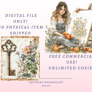 Puede incluir: Impresi&oacute;n digital en acuarela con una llave vintage, flores y una mujer con una pintura. El texto dice "DIGITAL FILE ONLY! NO PHYSICAL ITEM SHIPPED" y "FREE COMMERCIAL USE! UNLIMITED COPIES". Sapphire Dreamscape Design.