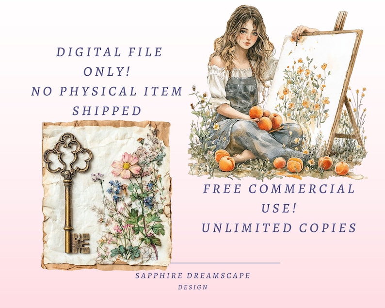 Puede incluir: Impresi&oacute;n digital en acuarela con una llave vintage, flores y una mujer con una pintura. El texto dice "DIGITAL FILE ONLY! NO PHYSICAL ITEM SHIPPED" y "FREE COMMERCIAL USE! UNLIMITED COPIES". Sapphire Dreamscape Design.