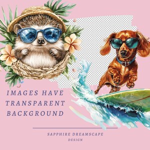 May include: A watercolor illustration of a hedgehog wearing sunglasses and a straw hat, and a dachshund wearing sunglasses, riding a surfboard on a wave. The background is a pink color with a transparent overlay.
