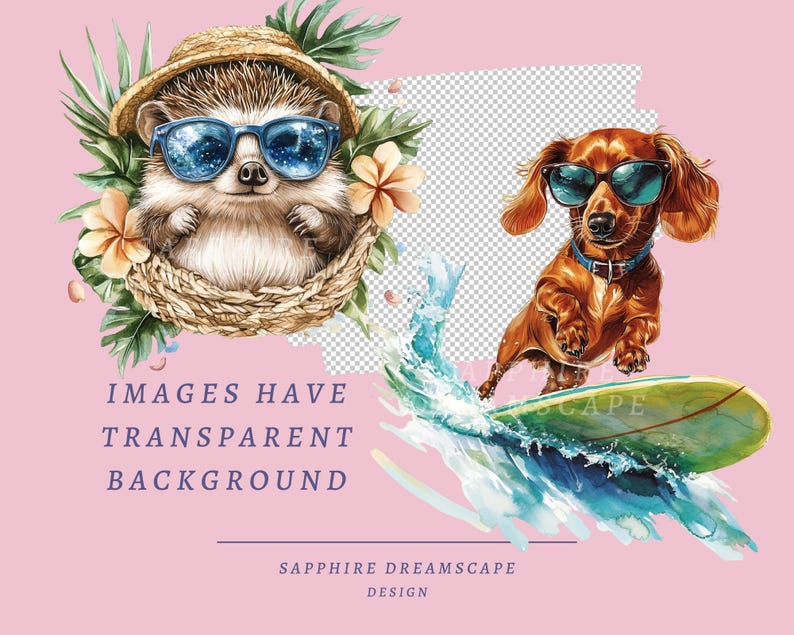 May include: A watercolor illustration of a hedgehog wearing sunglasses and a straw hat, and a dachshund wearing sunglasses, riding a surfboard on a wave. The background is a pink color with a transparent overlay.