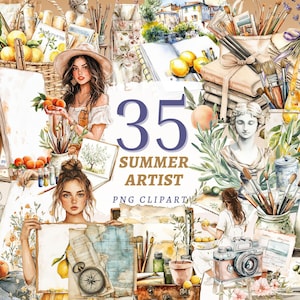 Puede incluir: Ilustraci&oacute;n en acuarela con el texto "35 Summer Artist PNG Clipart". La imagen presenta materiales de arte, limones y retratos de mujeres. La paleta de colores incluye tonos de amarillo, verde y marr&oacute;n, evocando el verano.
