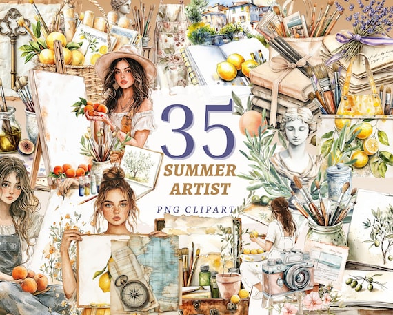 35 Mediterranean Summer Artist Clipart Bundle, Coastal Painter PNG, European Travel Art, Lemon Aesthetic Junk Journal Set