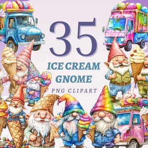 35 cliparts de nains de crème glacée, PNG transparents de haute qualité, téléchargement immédiat, usage commercial, camion nains colorés, oeuvre de dessert fantastique