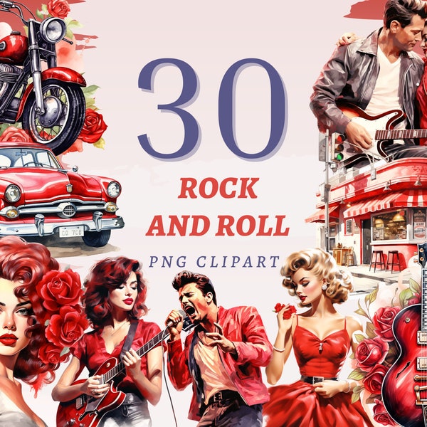 30 50er Jahre Rock and Roll Clipart, hochwertige transparente PNGs, Sofort Download, kommerzielle Nutzung - Vintage Musik Schönheit, rote Gitarren Grafik