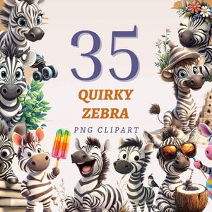 35 clipart peculiares de zebra, PNGs transparentes de alta qualidade, download instantâneo, uso comercial - pacote de impressão de animais de safári, gráfico engraçado de zebras