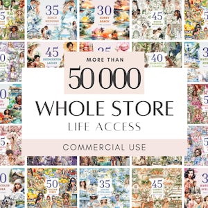 Puede incluir: Una colección digital de más de 50.000 ilustraciones clipart en acuarela con diversos temas como jardines de verano, bodas en la playa, vibras italianas, lavanda y festividades estacionales, presentadas como una cuadrícula de imágenes.
