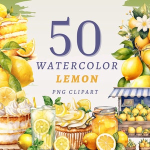 50 imágenes prediseñadas de limón de acuarela, PNG transparentes de alta calidad, descarga instantánea, uso comercial - paquete de limones, cuajado de frutas, limonada, imprimible